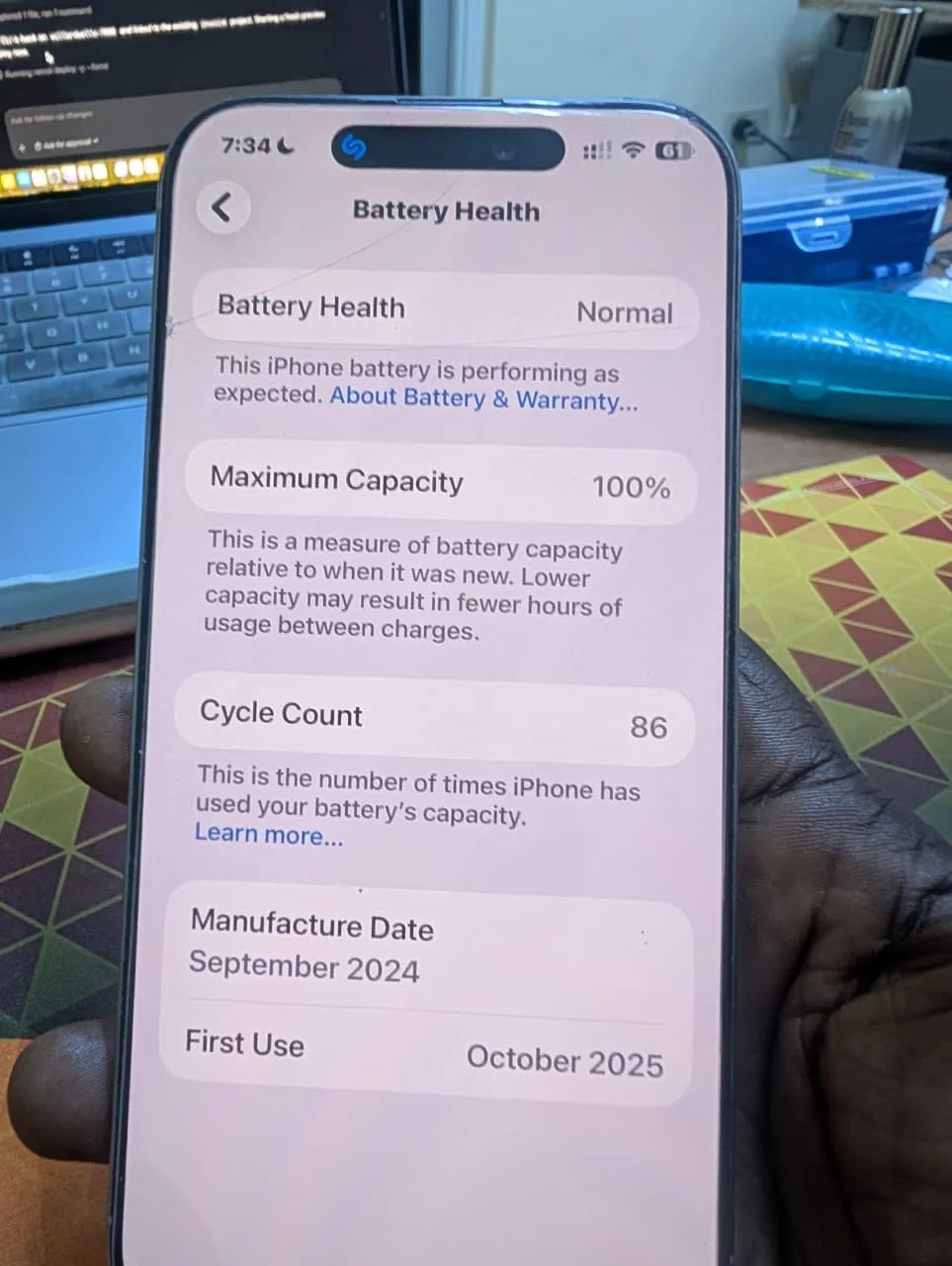 iPhone 16 Pro Max battery health screen showing 100 percent maximum capacity and 86 cycle count