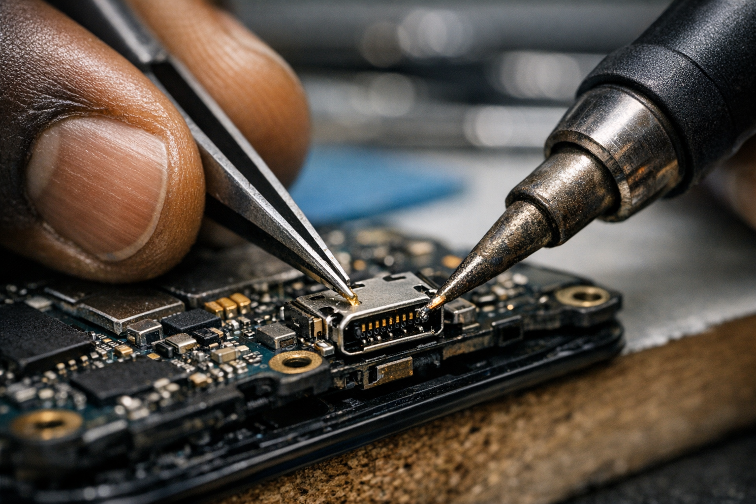 Close-up of a Black Jamaican technician repairing a smartphone charging port