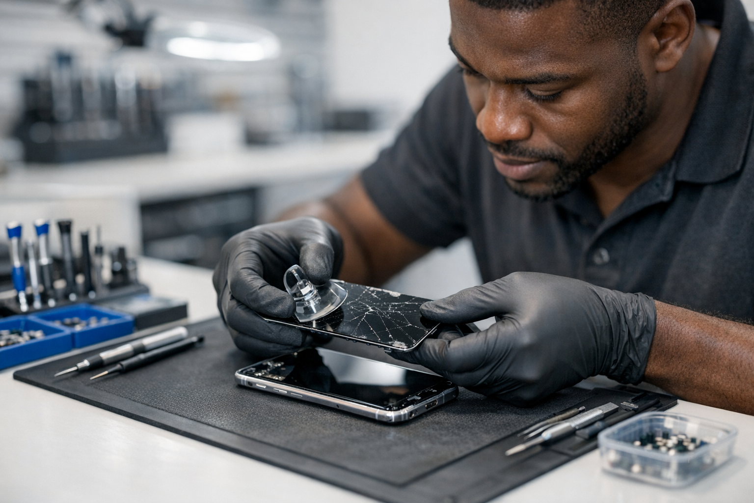 Black Jamaican technician replacing a cracked smartphone screen in a clean repair shop